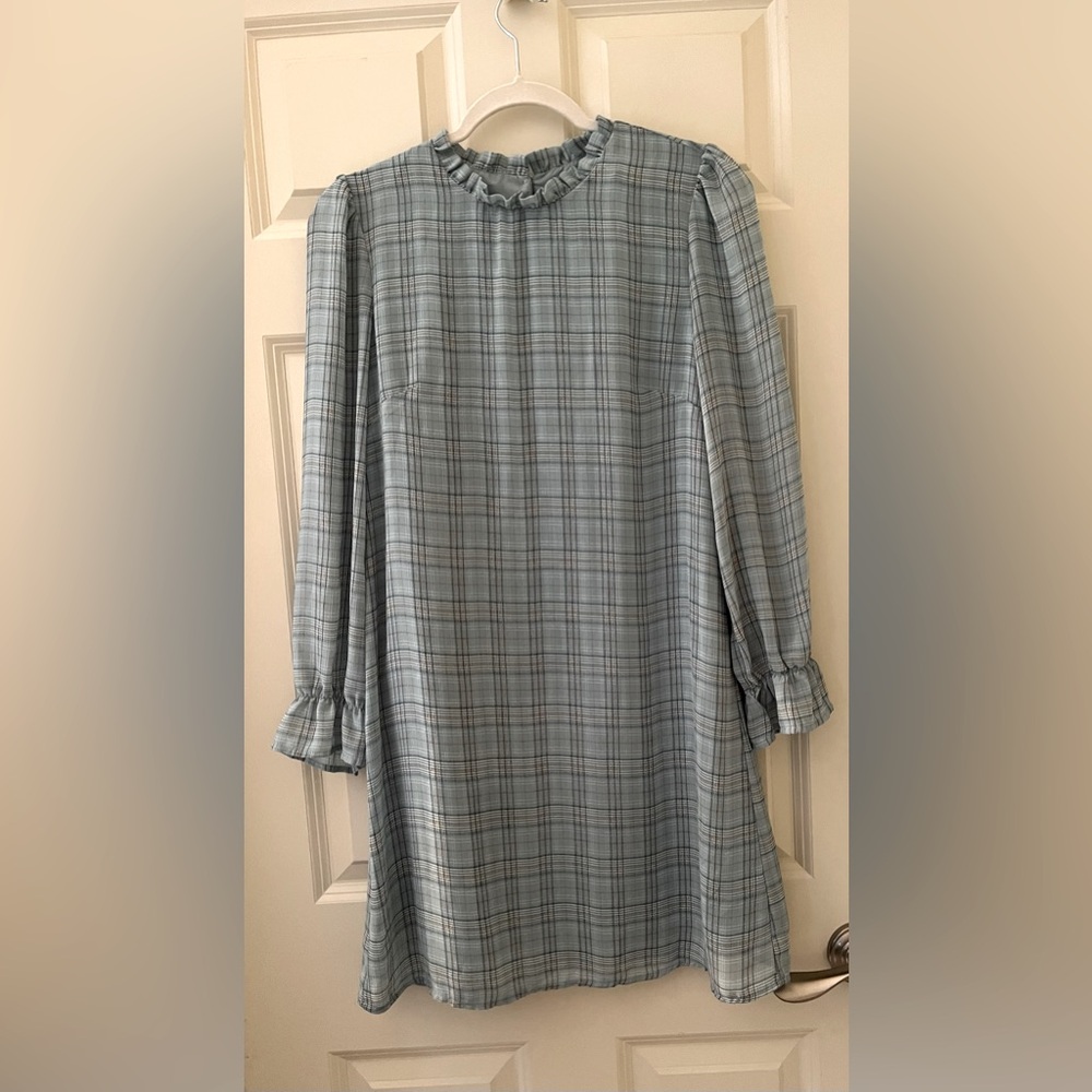 KOJOOIN Women's Ruffle Mock Neck Long Sleeve Plaid Print Flowy Babydoll Dress S